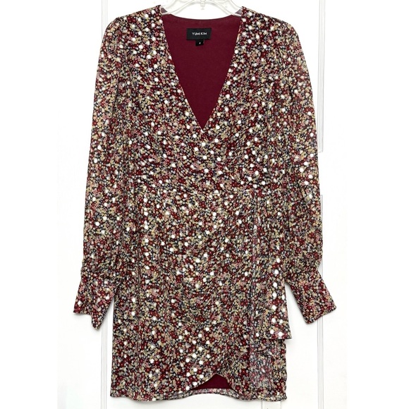 YUMI KIM Metallic Dot Floral Print Crepe Long Sleeve Draped Faux Wrap Dress‎ 4 - Picture 3 of 7